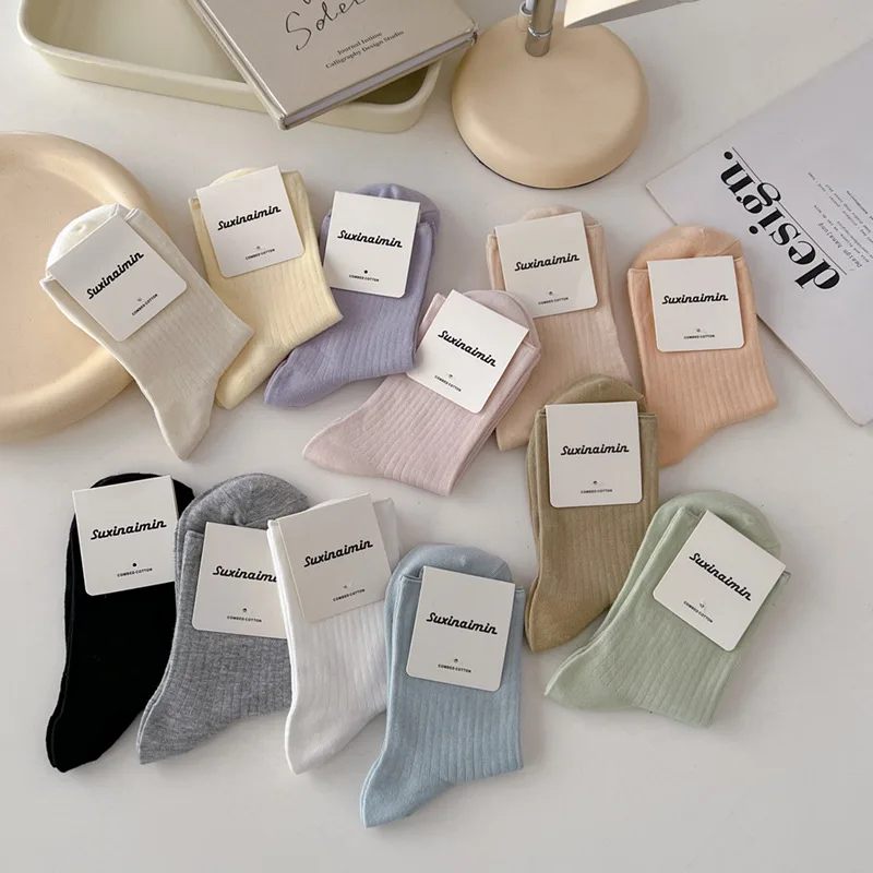 Japanese New Fancy Candy Color Women Socks Cotton Knitted Pure Color Women Socks