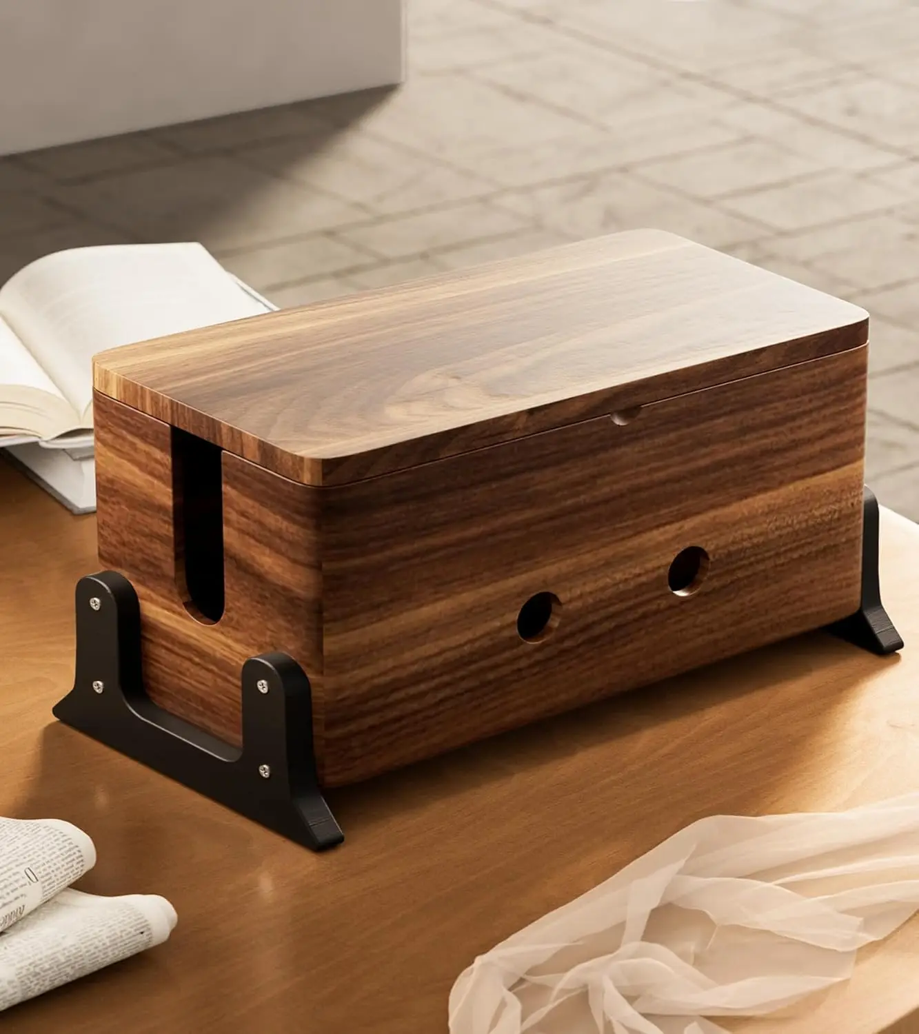 Large Wooden Acacia Cable Management Box Organizer Cable Hider Power Strip Cord & Wire Organizer on Floor Desktop Office Home