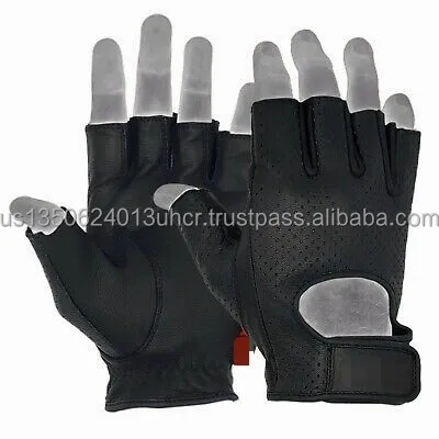 Driving Goat Leather Fingerless Gloves Biker Cycling Wheelchair Gym Padded Gloves adjustable velcro strap