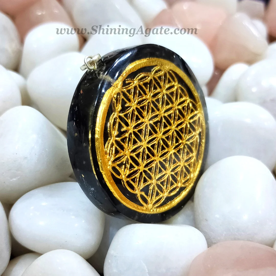 Black Tourmaline Orgone Pendant with Flower of Life Symbol Orgonite Necklace Pendant Agate Chakra Healing Pendant