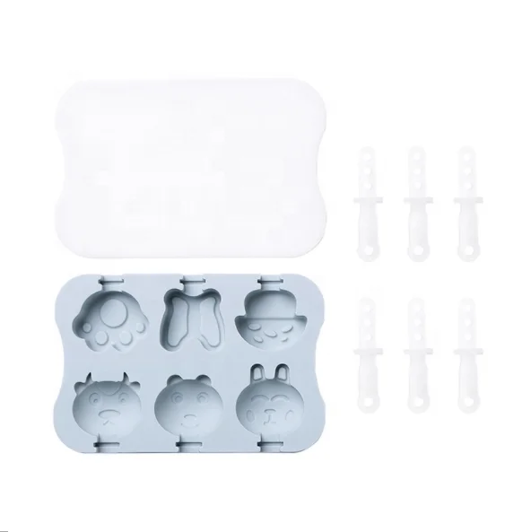 Amazing 6 Cavities Homemade DIY Reusable Silicone Cartoon Shaped Ice Cream Pop Maker Mold with Lids and Wooden Sticks
