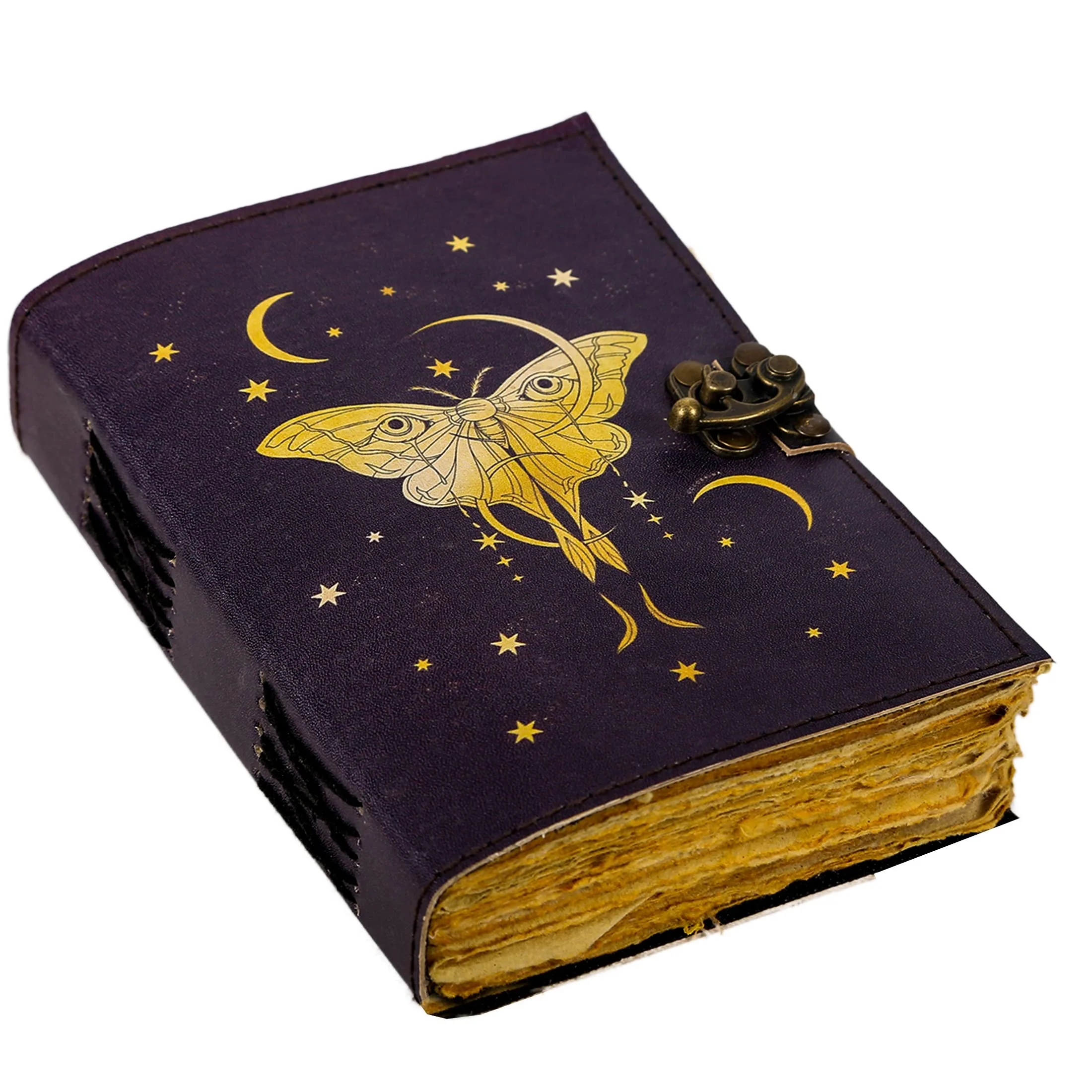 Luna Moth Blank Spell Book Of Shadows Journal with Lock Clasp Vintage Handmade Leather Butterfly Print Diary Prayer Pagan