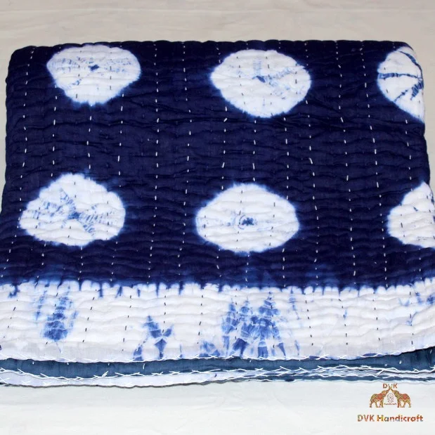High Quality Cotton Printed Shibori Tie & Die Hand Printed Kantha Quilt Vintage Hand stitched Cotton Blanket Blue Quilt