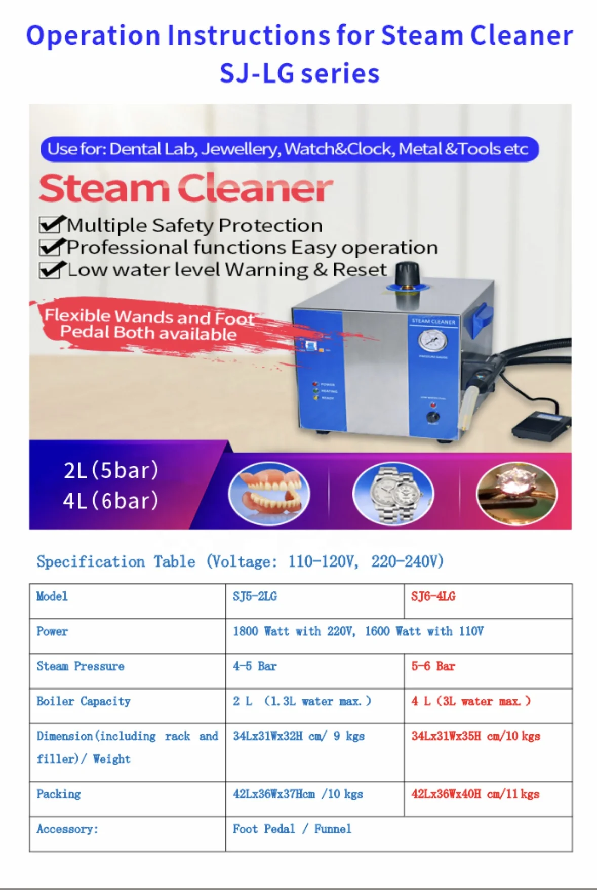 4L stainless steel tank  with flexible wands foot pedal Low water level warning easy use 6 bar pressure dental steam cleaner