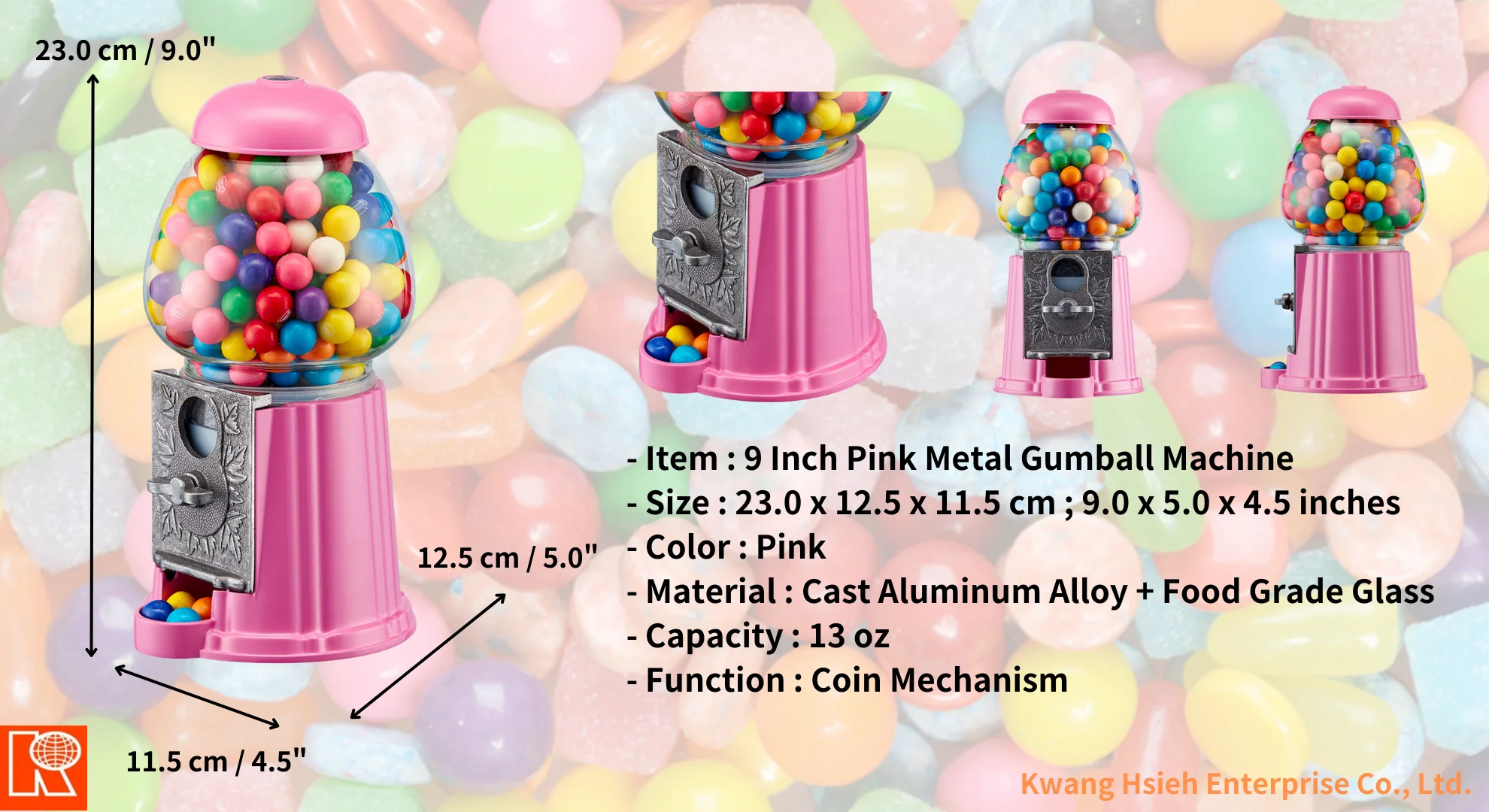 Kwang Hsieh 9-Inch Pink Aluminum Coin-Operated Candy Dispenser Gumball Vending Machine with Metal Construction