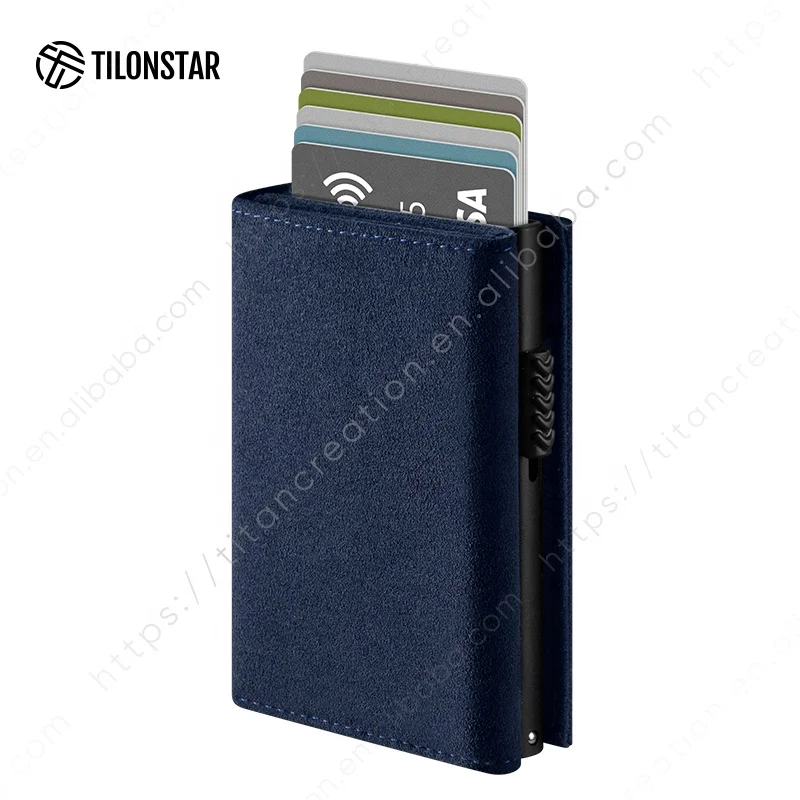 TILONSTAR TVC302a Alcantara Leather Aluminum Trifold Rfid Pop Up Card Holder Wallet For Men