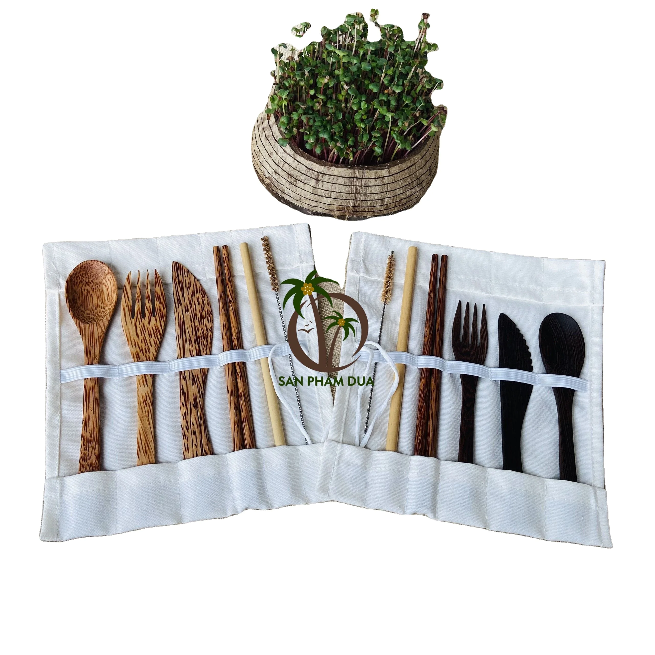 Coconut wood cutlery Coconut cutlery wood handle disposable wooden cutlery set/Wooden travel set/Stainless wooden cutlery