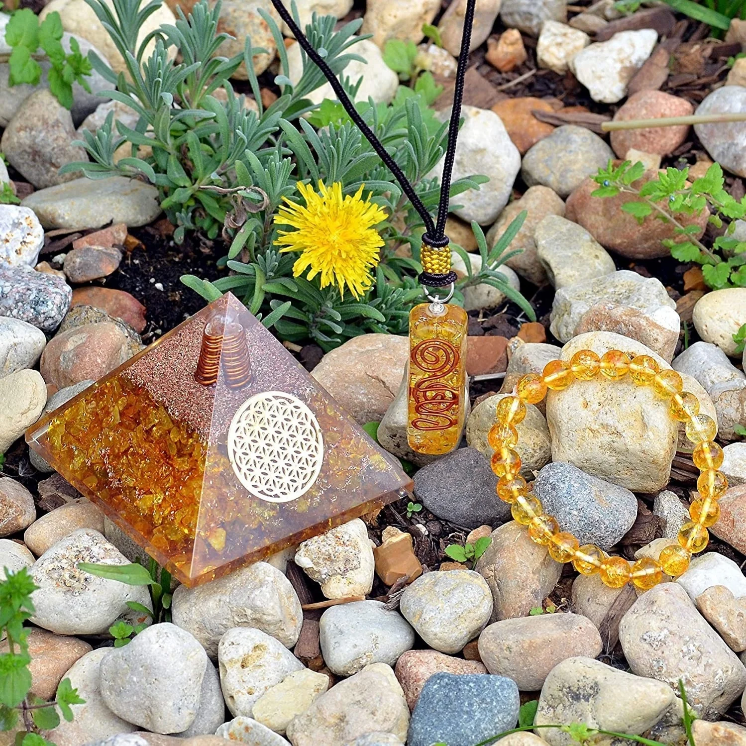 Natural Citrine Orgone Pyramid With Orgone Energy Pendant and Reiki Bracelet Citrine Orgone Sets