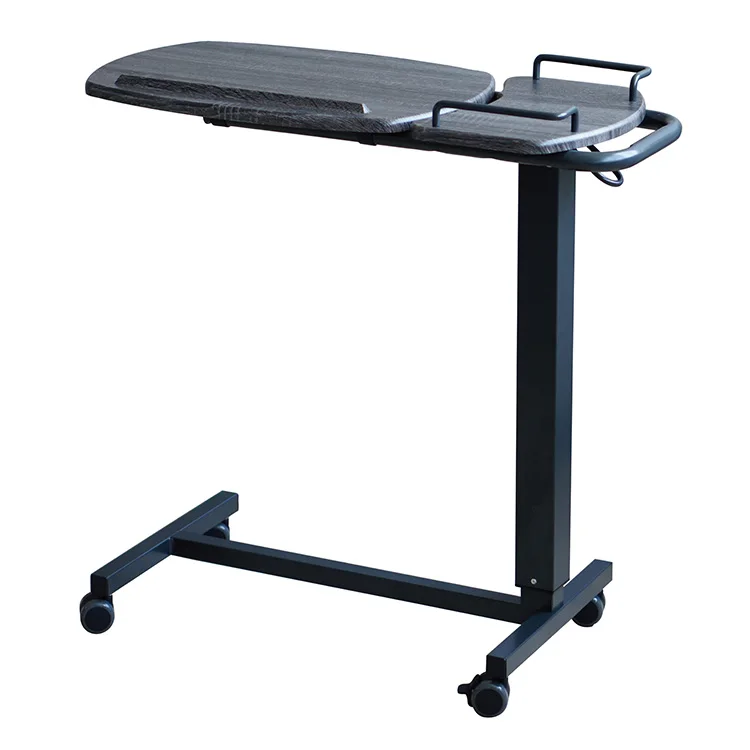 Modern Adjustable Gas-Spring Overbed Table ENT-1110H Steel Frame Wood Grain Top Hospital Home Bedroom Living Room School Use