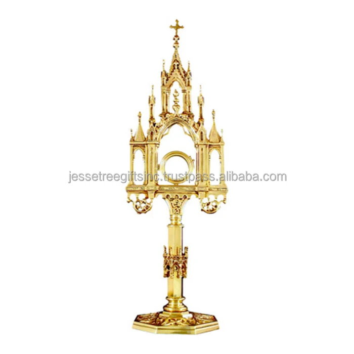 Metal Reliquary With Shiny Polish Finishing Bunch Of Grapes & Leaves Embossed Design Round Shape Cross On Top For Display