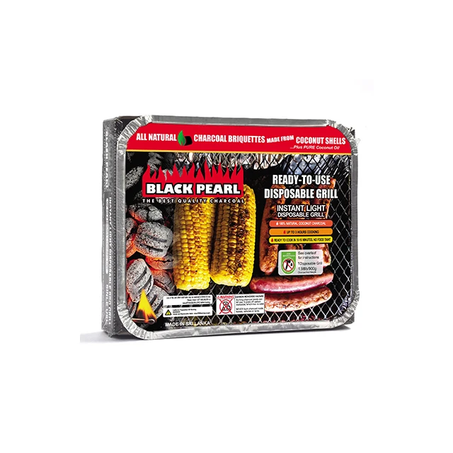 Eco friendly low smoke and ash natural coconut shell charcoal briquettes with disposable aluminum BBQ tray long lasting