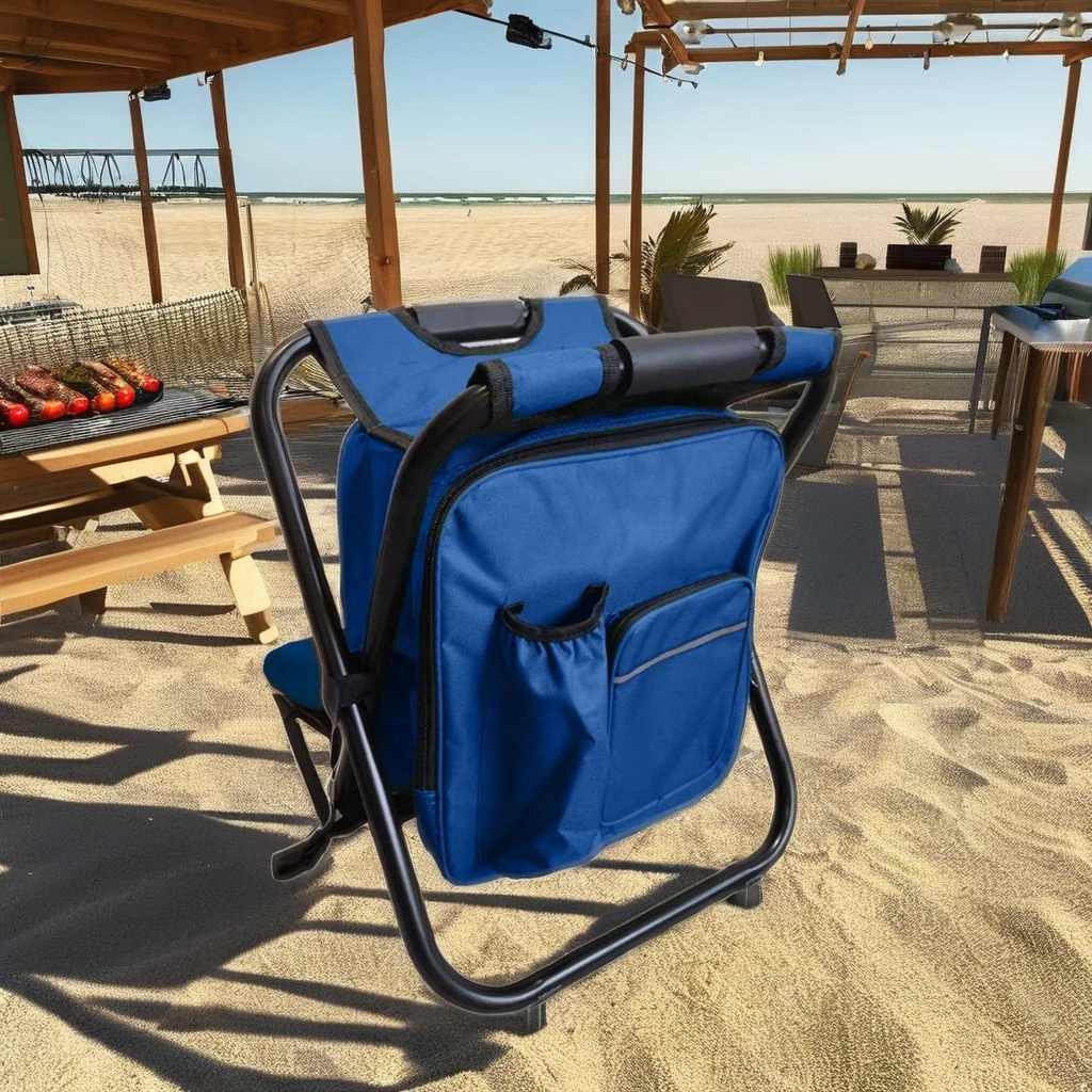 OEM Lightweight Metal Folding Stool Portable Camping Beach Chair with Ice Cooler Bag for Outdoor and Garden Use