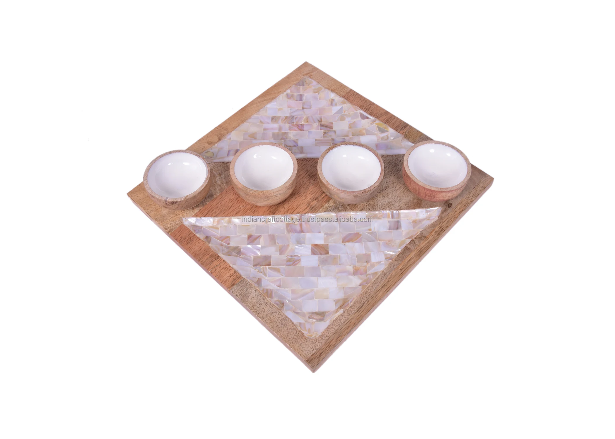 Mother of Pearl wooden snack platter Round serving tray Rustic platters Serving platters with four Bowls