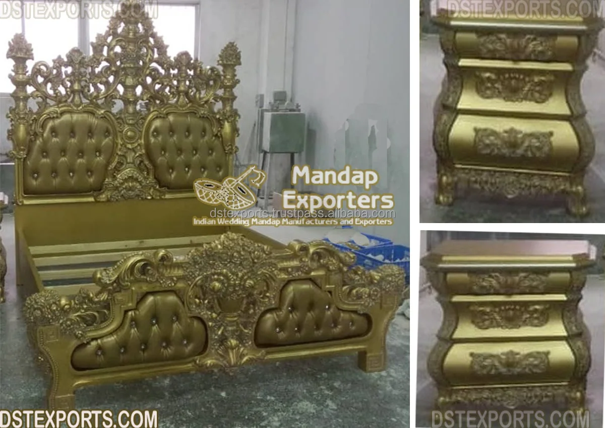 Современная кровать Maharaja большого размера с боковыми табуретами из тикового дерева тумбочками Классическая королевская