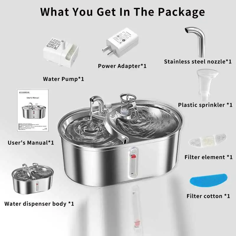multi pets 2 in 1 two bowls water food stainless steel pet water fountain
