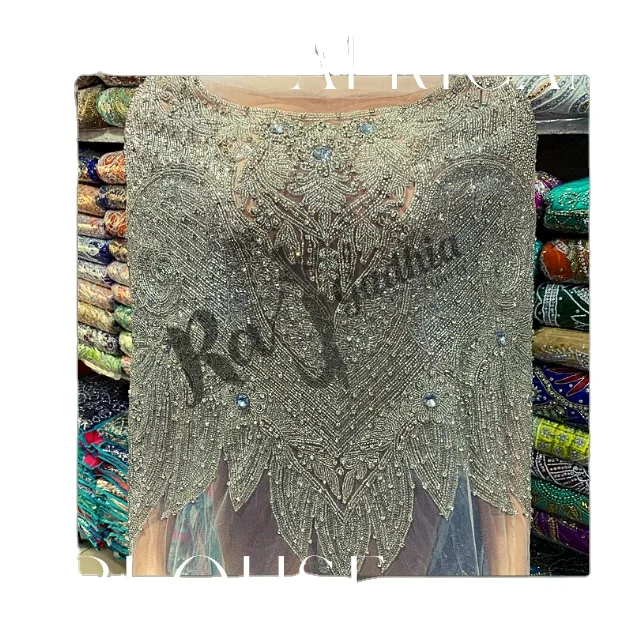 Fully Lined Button Closure Crew Neck Three-quarter Puff Sleeves Beaded Details A-line Blouse Custom Design Black Summer Cotton