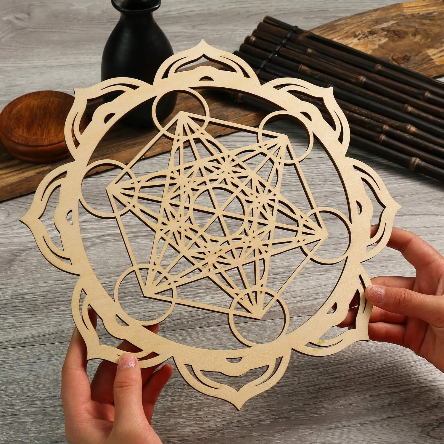 12IN Mandala Natural Wooden Sacred Geometry Crystal Grid Wall Art Laser Cut Wooden Sculpture Wall Art House Decoration