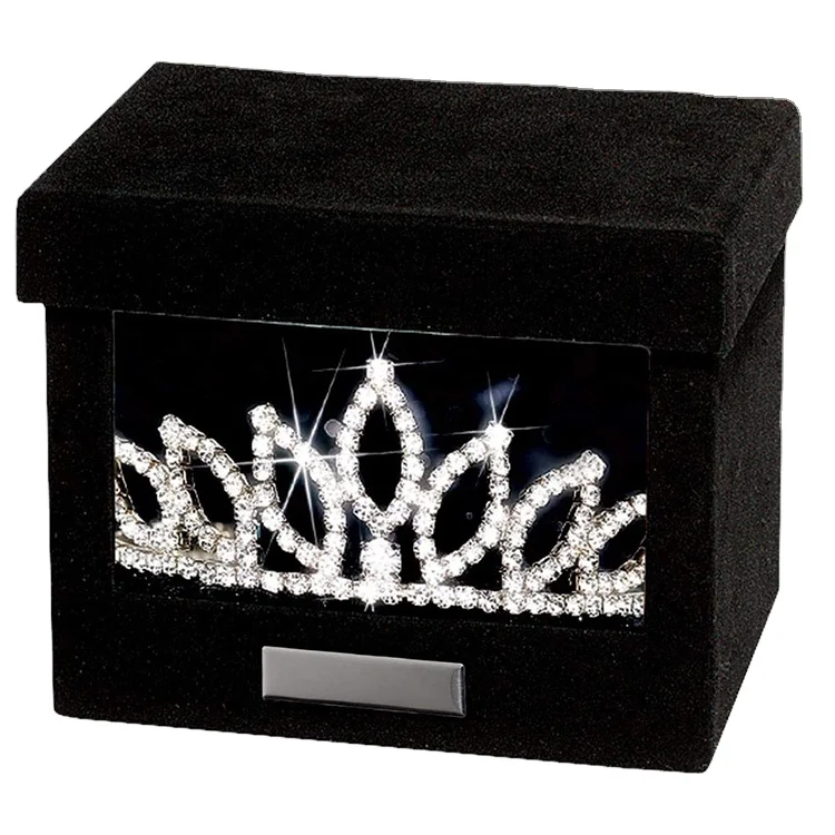Custom Luxury Large Bridal Crown Win Jewelry Hat Package Box Luxury Black Gift Package In Velvet With Window Opening