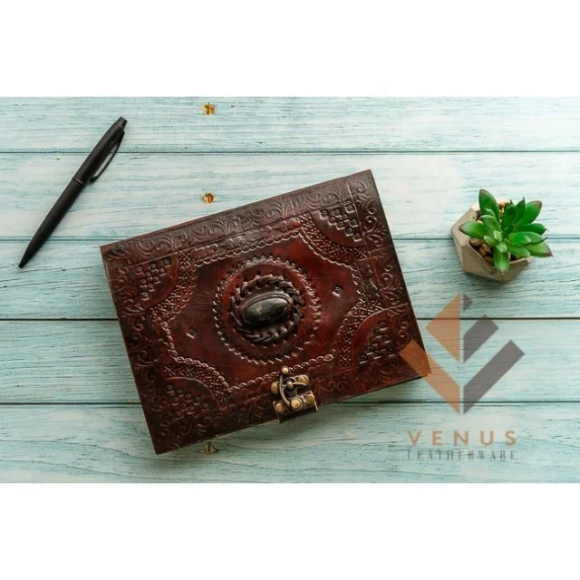 LW Vintage Handcrafted Genuine Leather Embossed Stitched Stoned Diary Leather Note Book 200 Paper