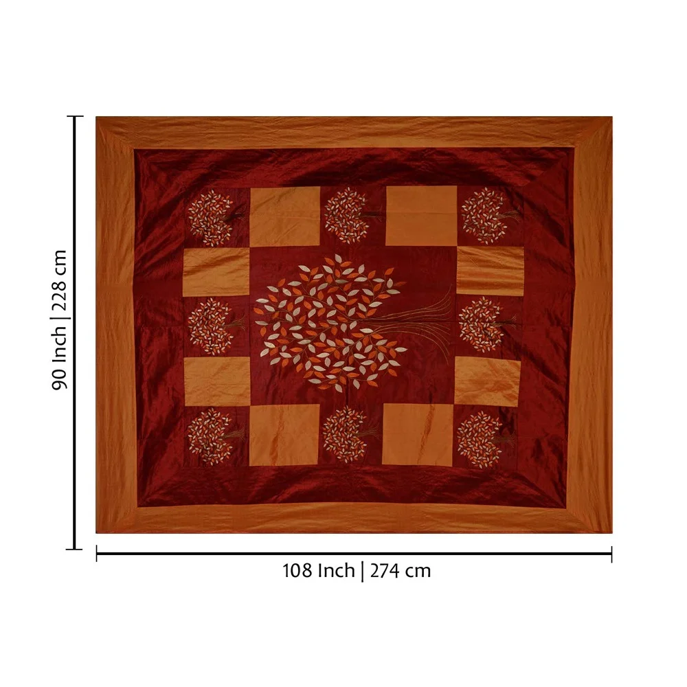 Silk Double Bedding Set 1 Bedsheet Embroidery Work 2 Pillow 2 Cushion Cover Mustard Color Tree of life Bed Cover Set of 5 Pieces