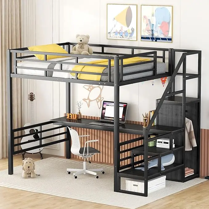 Twin over Twin Metal Bunk Bed with Side Ladder and Full-Length Guardrail Space-Saving Design for Bedroom Hotel school furniture