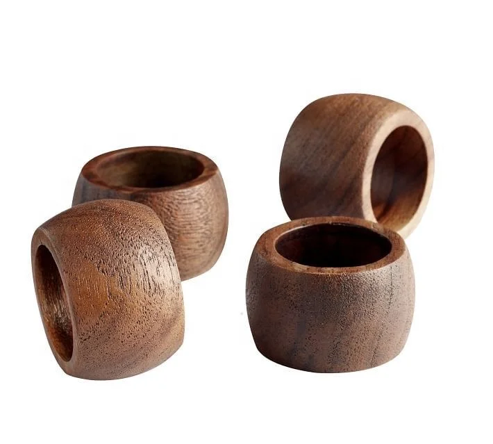 Customised wooden acacia mango wood OEM logo engraved napkin ring holder sets of 4 table ware kitchenware hotel home cheap