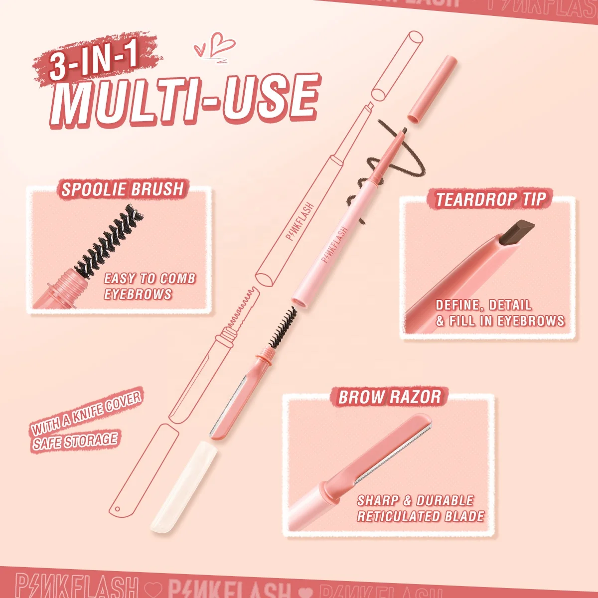 PINKFLASH E17 Automatic pink Eyebrow Pencil 3-in-1 Multi-use Brow Shaping Pen