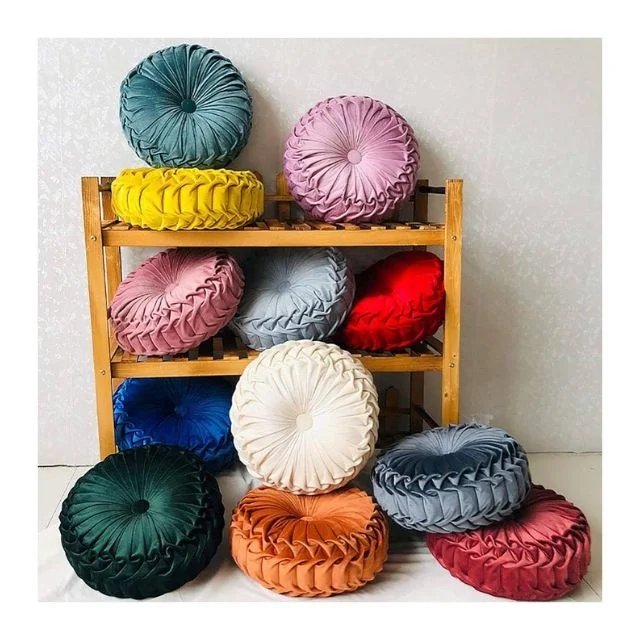 Round Center Buttoned Plush Blended Cotton Colorful Silky Satin Pleated Throw Pillow Cushions Wholesale Indian Manufacturers
