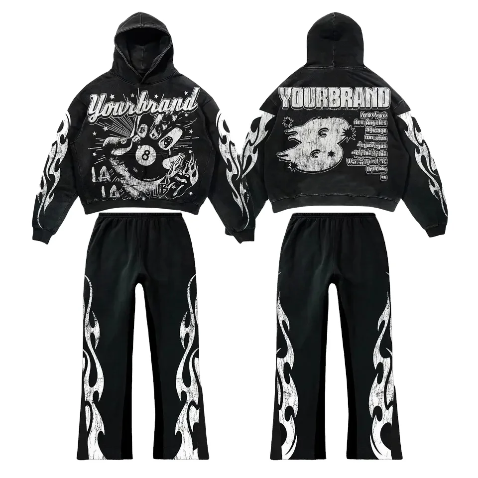 Custom Acid Washed Sweat Suits 100% Cotton French Terry Oversized Tracksuit Heavyweights Men Flare Sweatpants And Hoodie Set