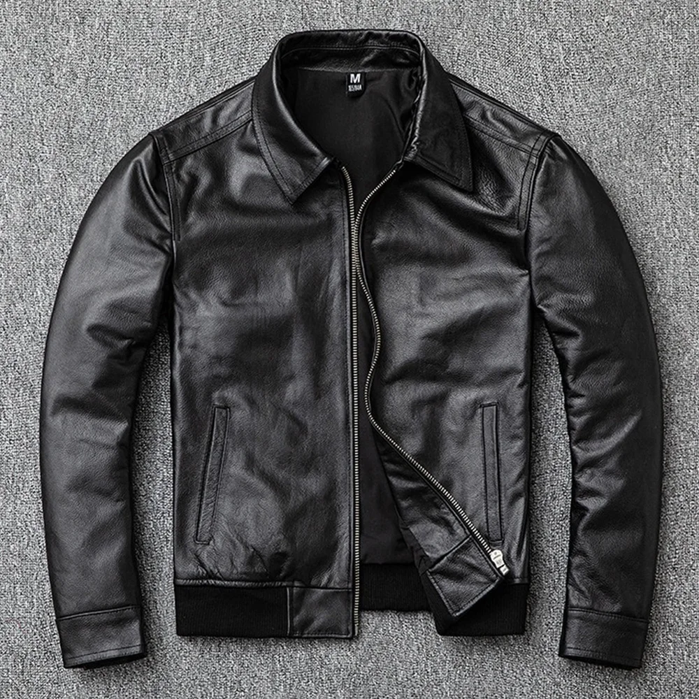 Men Genuine Leather 6XL Classic Casual Style Cowhide Men Leather Jacket.