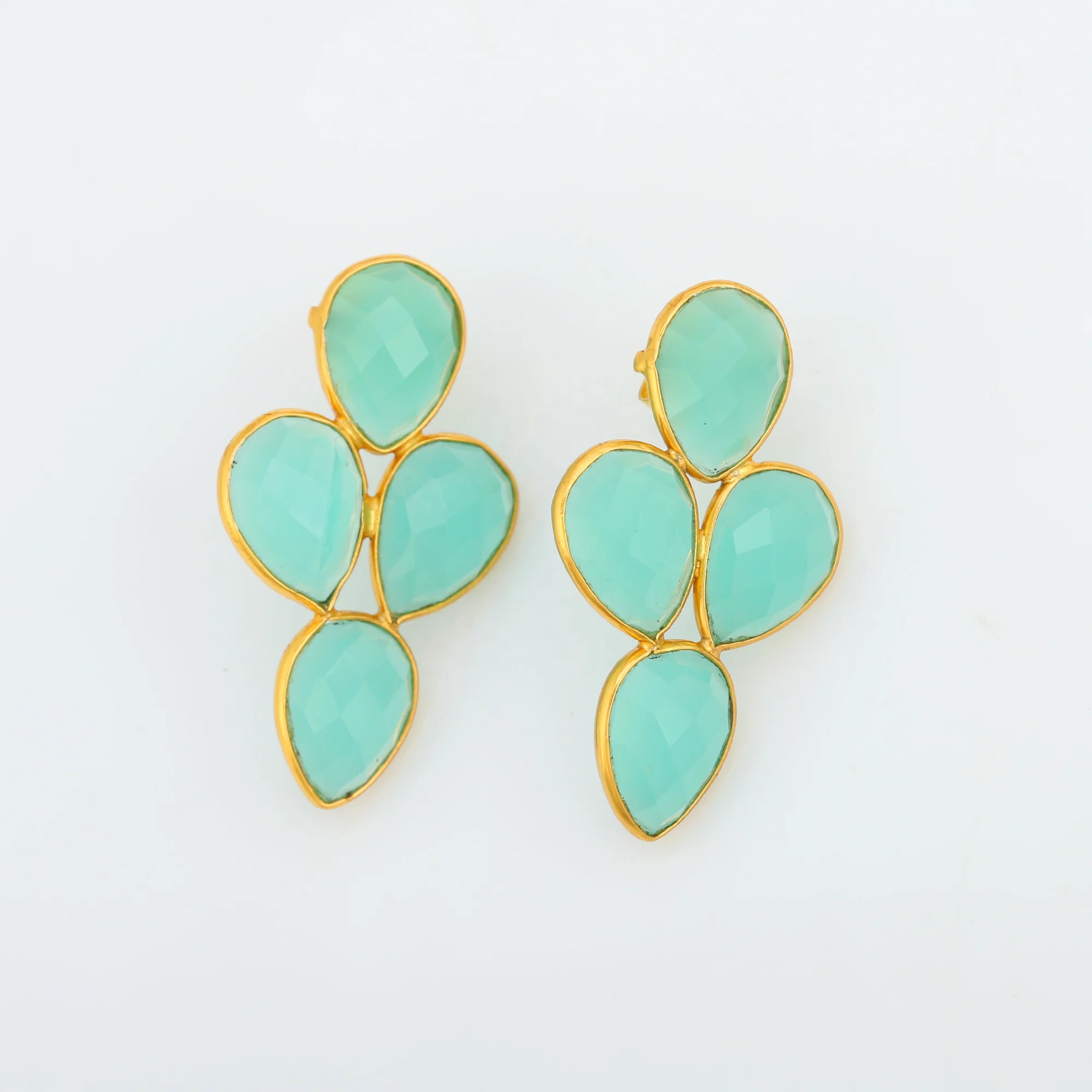 Aqua Chalecedony Earring Gold Plated 925 Sterling Silver Earrings Fine Jewelry Pear Shape  Earrings