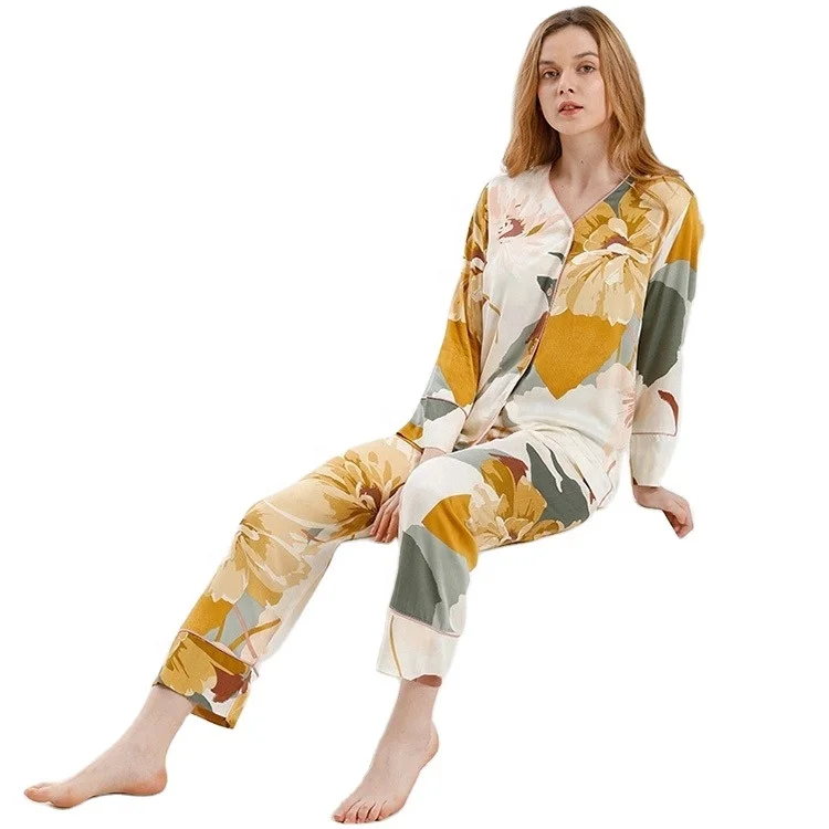 Long Print Set Pajama Ladies Casual Home wear Wholesale Knitted Sleepwear Women