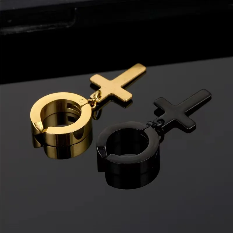 Stainless steel cross without ear holes for men Without Pierced Ear Clip hip hop punk Titanium Ear rings