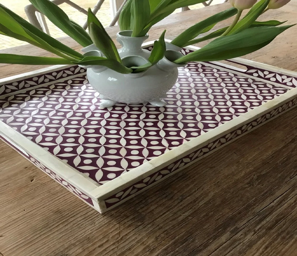  Большой сервировочный поднос ручной работы с инкрустацией в виде лепестков бамбуковое хранилище для кухни и посуды декоративные аксессуары экспорта