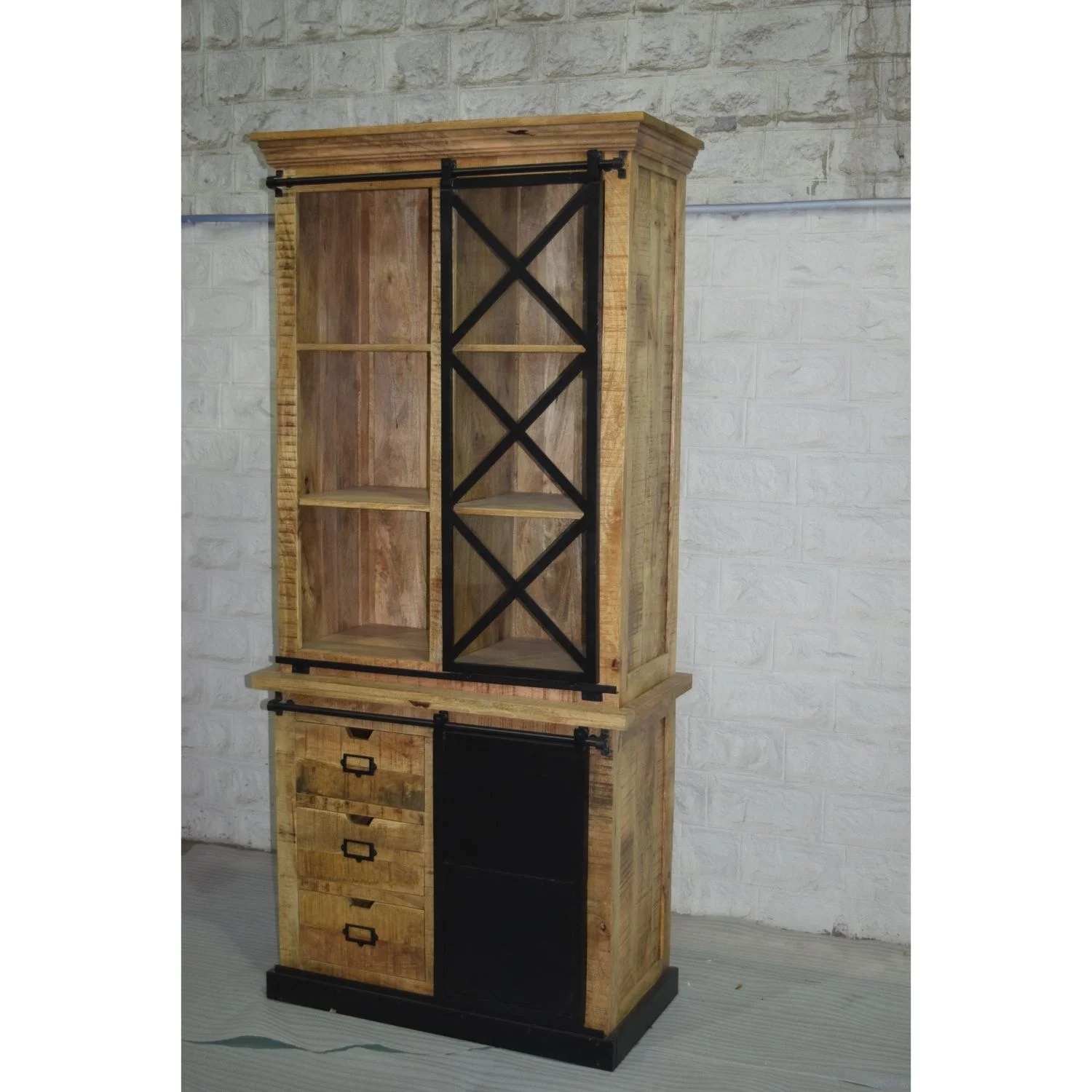 Luxury Modern Industrial Style Mango Wooden Glass Panel Hutch Buffet Cabinet Storage Display Home Dining Living Room