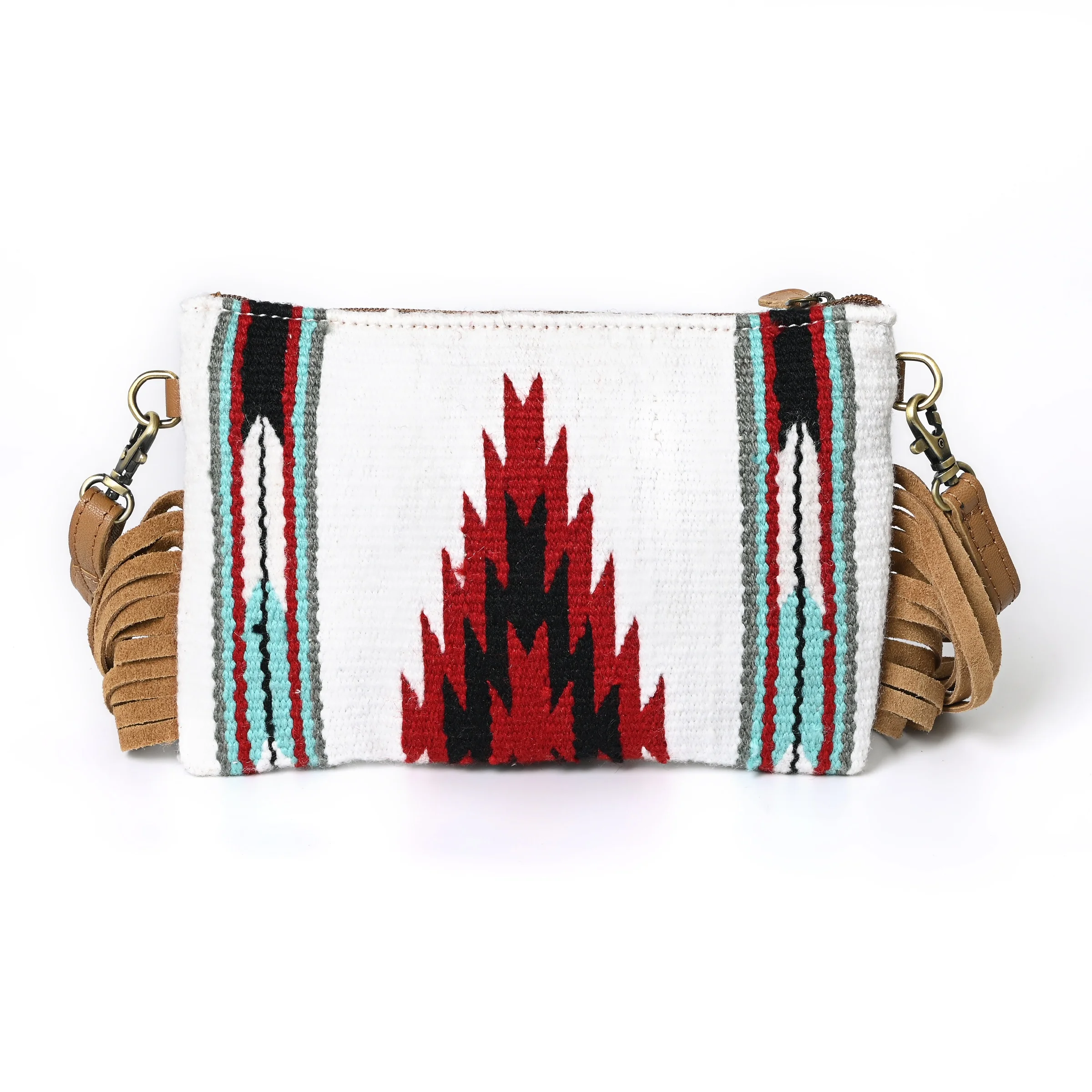 Small Crossbody Bag Made of Woolen Saddle Blanket Tooled Leather Cowhide Patch on Top With Cow Suede Fringes Matching Handle