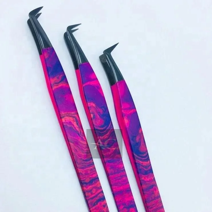 Plasma Black Russian Volume 90 Degree L Type Paper Coated Purple Tweezers Wholesale Stainless Steel Eyelash Extension Tweezers