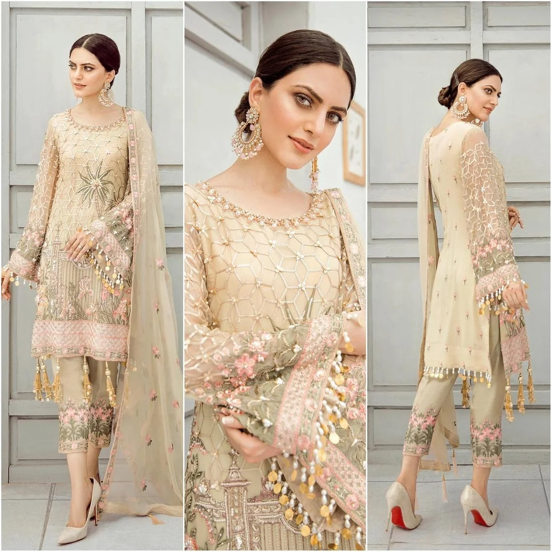Пакистанская индийская свадебная одежда с вышивкой, бежевая шифоновая коллекция, костюм в стиле ИД, новинка, сальвар камиз, Лидер продаж 2021