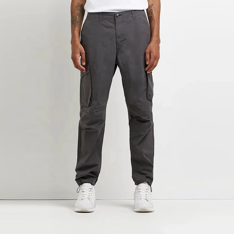 Fashion Custom Men Adjustable String Ankle Side Pockets Grey Men Cargo Jogger Pants