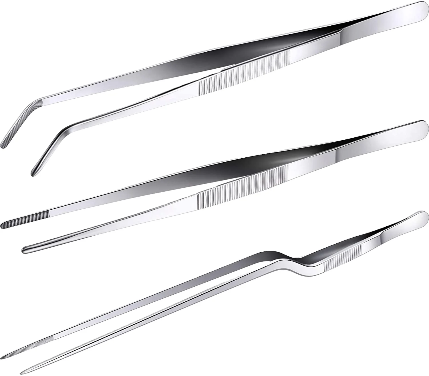 3 Pieces Stainless Steel Tweezers Straight and Curved Tip use to cooking food for kitchen tools Made in Pakistan