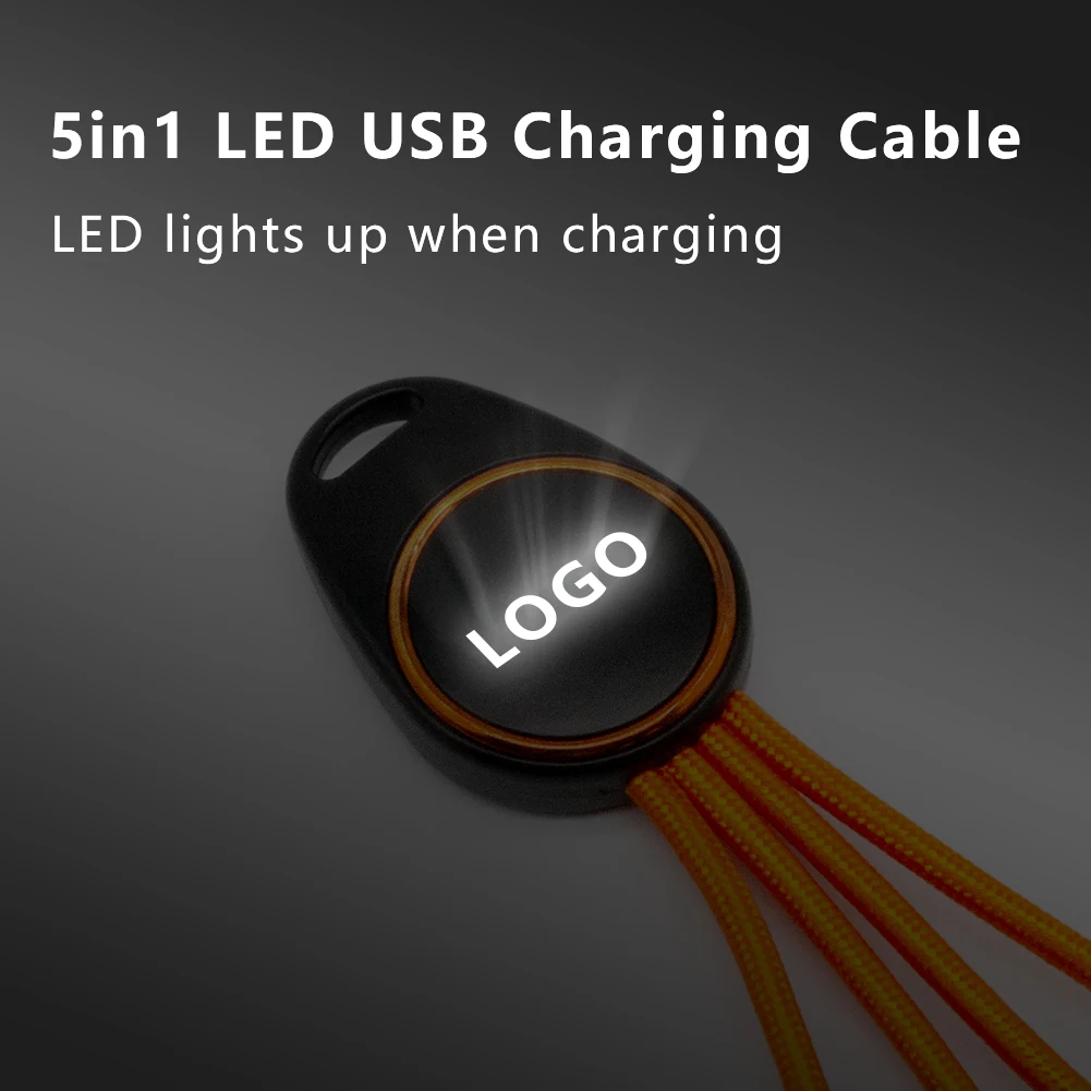 Corporate Gift Logo Keychain LED Light Up 5 in 1 Multi Charging Charger Cable Cord Keyring 3 in 1 LED All-In-One Charging Cable