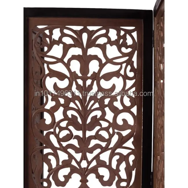 Handcrafted 4 Panel Room Partition (Brown) Solid Wood Decorative Screen (Free Standing)
