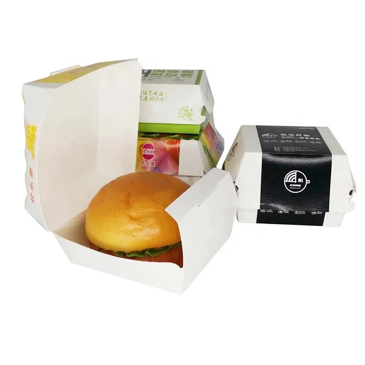 Disposable grease resistant paperboard custom hamburger snack sandwich fast food packaging box