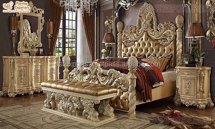 Современная кровать Maharaja большого размера с боковыми табуретами из тикового дерева тумбочками Классическая королевская