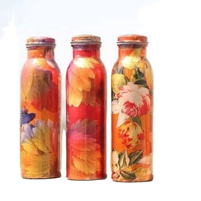 Flower Painted Copper Water Bottle  Newest Printed Pure Copper Water Bottles Cheap And Best Customize Bottle