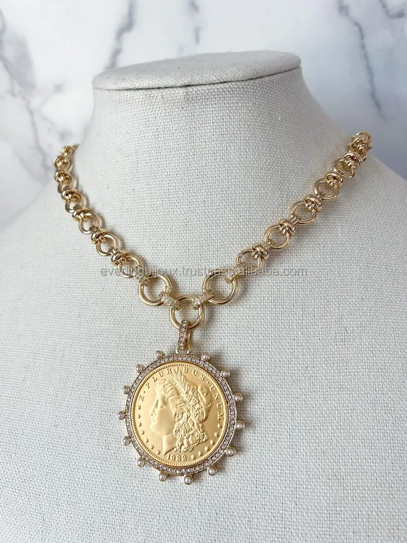 Vintage Coin Necklace Gold Statement Gold Chunky Large Coin Pendant XL Coin Pendant Necklace for Jewelry
