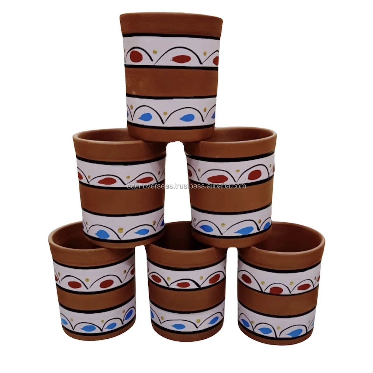 Eco Friendly Non Toxic  Hand-Painted Earthen Brown Ceramic Clay Glasses with Golden Painting For Wholesale