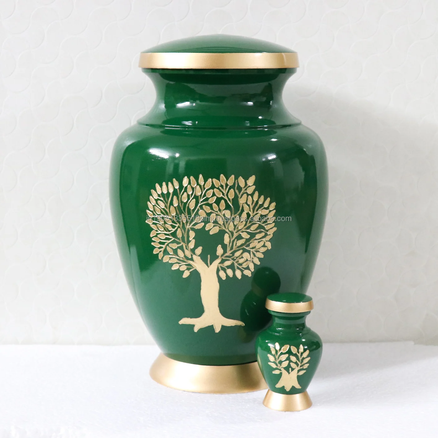 Wholesale Aluminum Cremation Urns for Human Ashes & Keepsakes Memorial Urns Aria Tree Engraved With Gold & Green Finished Urns
