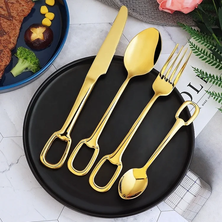 Gold Plated Mirror Polished Cutlery With Square Buckle Hook Handle Of knife Fork And Spoon Set For Gift Wedding Party