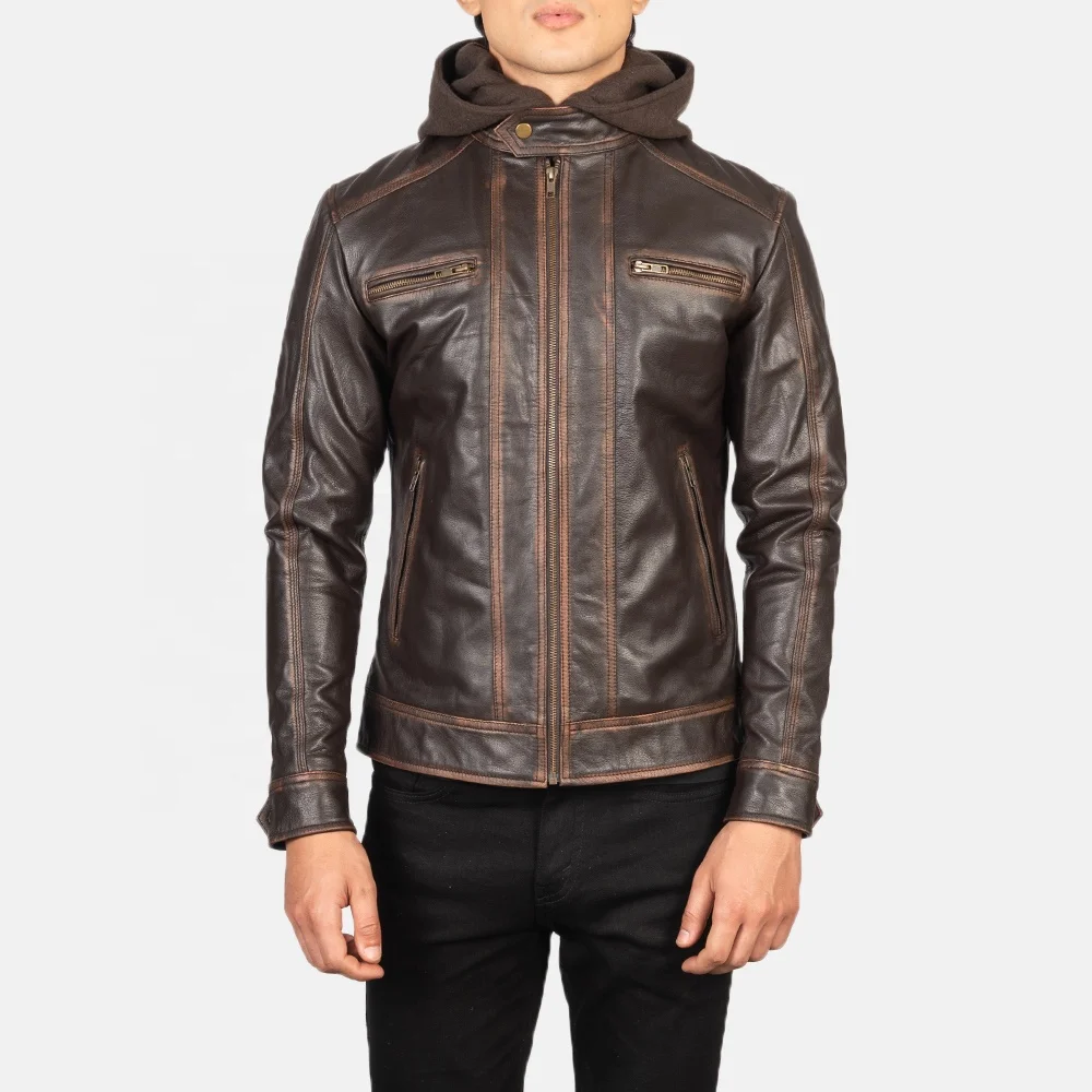 New Uk style hector vintage brown hooded leather bikers jacket with a removable fabric hood with a rub-off leather finish